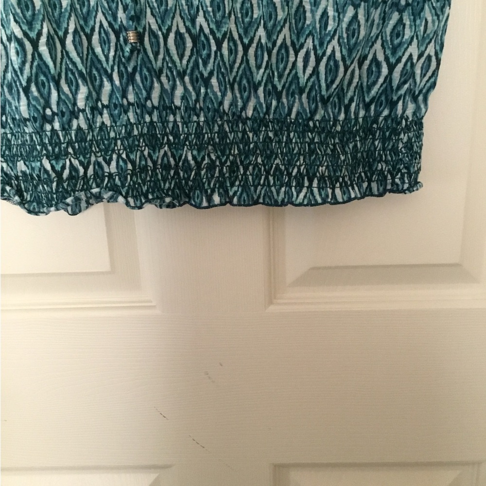 Faded Glory Geometrical Print Blouse Medium Teal Ruffle Short Sleeve Tassels - Picture 4 of 5